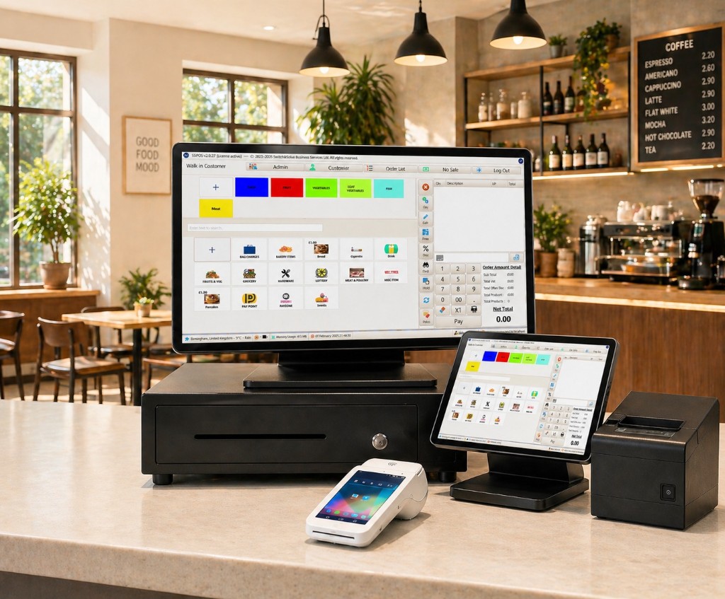 Switch & Save EPOS system with touchscreen terminal, customer display, card terminal and receipt printer in a modern café