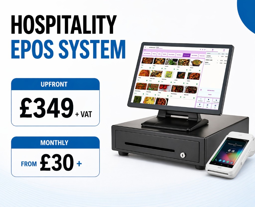 Hospitality EPOS System — touchscreen terminal, cash drawer and card machine with £349 upfront pricing