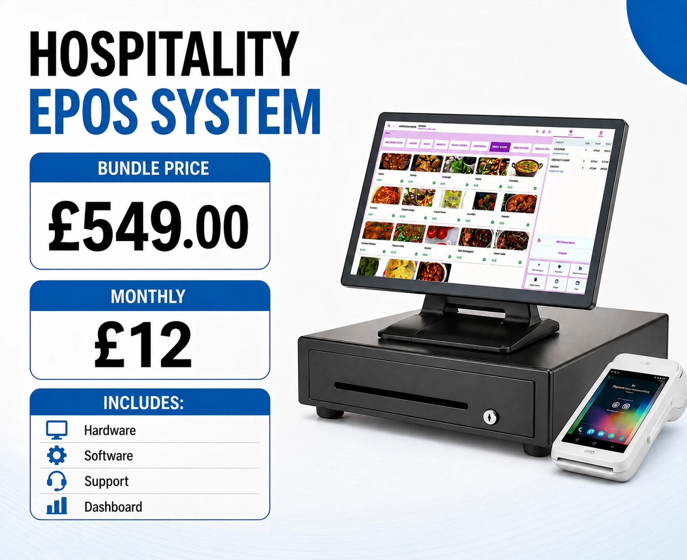 Hospitality EPOS System — touchscreen EPOS terminal, cash drawer and card terminal, £549 bundle price with £12 monthly