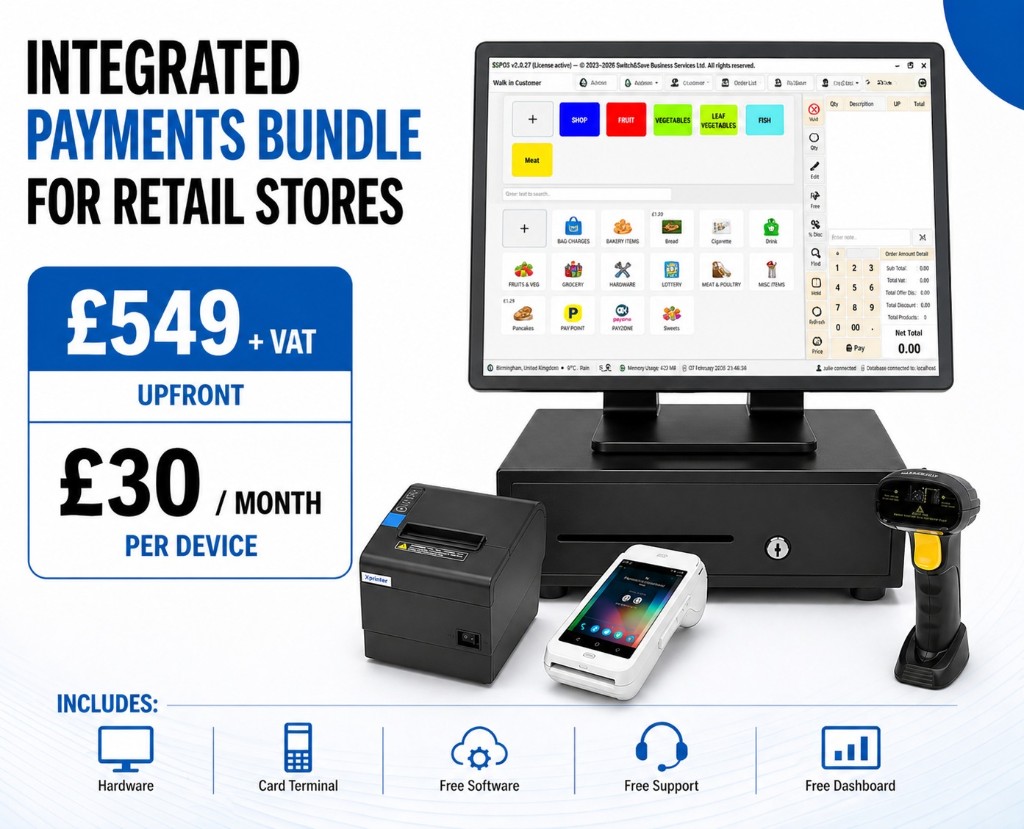 Retail EPOS bundle — touchscreen terminal, receipt printer, card machine, barcode scanner, cash drawer with £549 upfront pricing