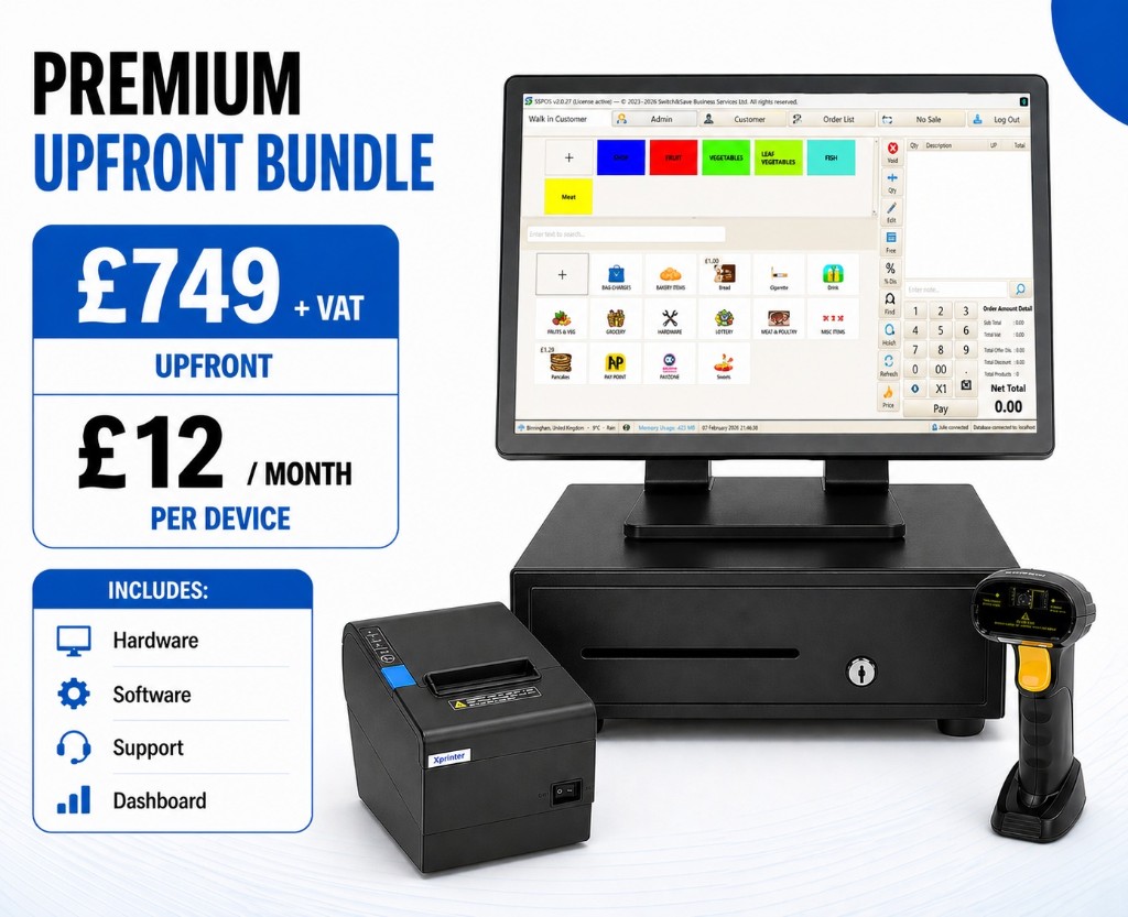 Premium EPOS bundle — touchscreen terminal, receipt printer, barcode scanner, cash drawer with £749 upfront and £12/month pricing