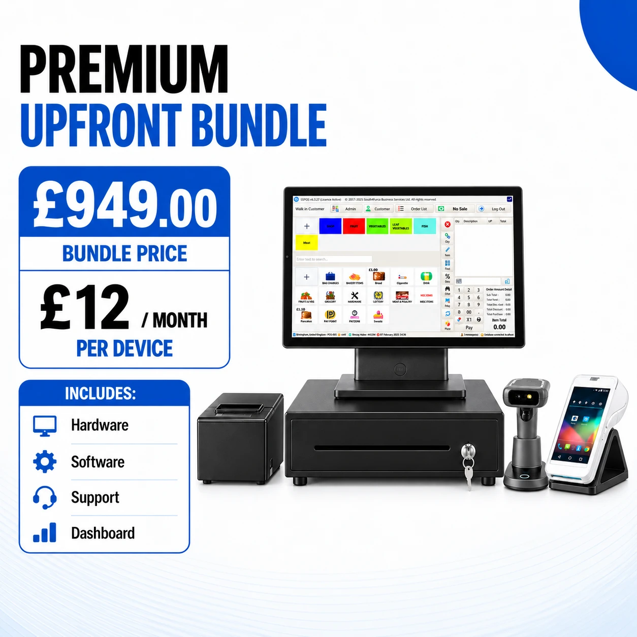 Premium Upfront EPOS bundle — touchscreen EPOS terminal, receipt printer, cash drawer, barcode scanner and card terminal, £949 bundle price with £12/month per device