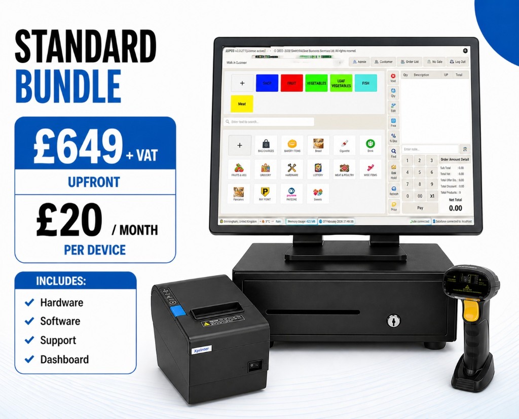 Standard EPOS bundle — touchscreen terminal, receipt printer, barcode scanner, cash drawer with £649 upfront and £20/month pricing