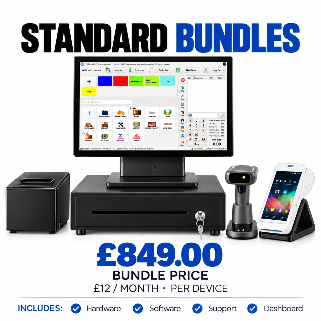 Standard EPOS bundle — touchscreen EPOS terminal, receipt printer, cash drawer, barcode scanner and card terminal, £849 bundle price with £12/month per device