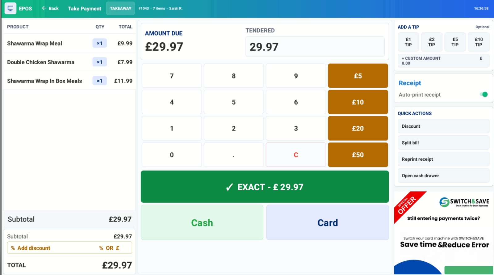 Take payment screen