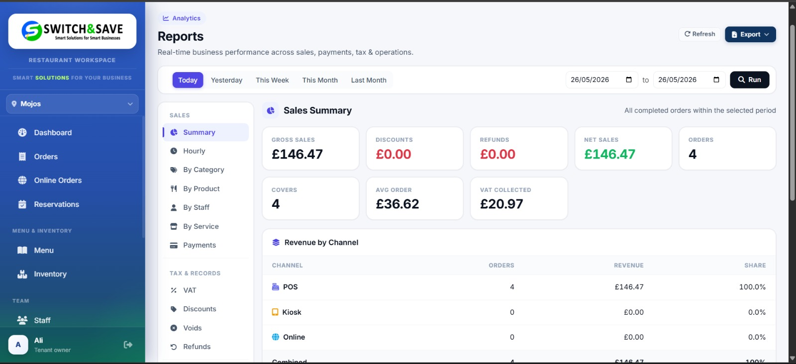 Sales reports dashboard in a web browser