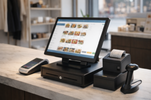 Complete EPOS system setup in UK shop including touchscreen, card machine, and receipt printer