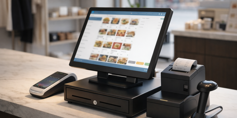 Complete EPOS system setup in UK shop including touchscreen, card machine, and receipt printer