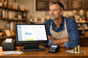 EPOS system dashboard showing sales growth and inventory management in UK retail business