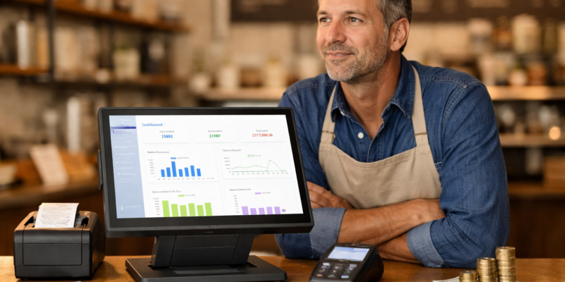 EPOS system dashboard showing sales growth and inventory management in UK retail business