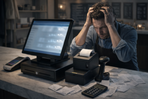 EPOS system installation and setup in UK retail shop with POS hardware and staff training