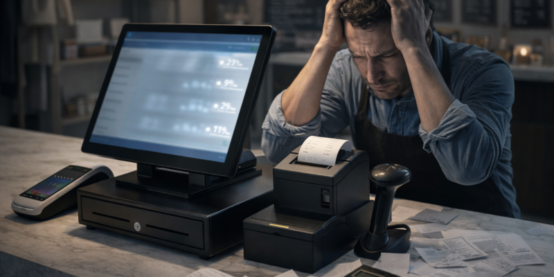 EPOS system installation and setup in UK retail shop with POS hardware and staff training