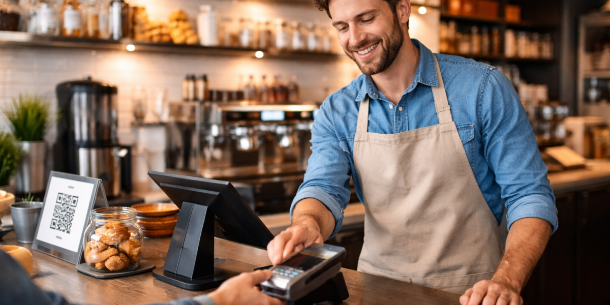 UK small business owner using EPOS system and card machine while managing business finance