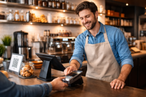 UK small business owner using EPOS system and card machine while managing business finance