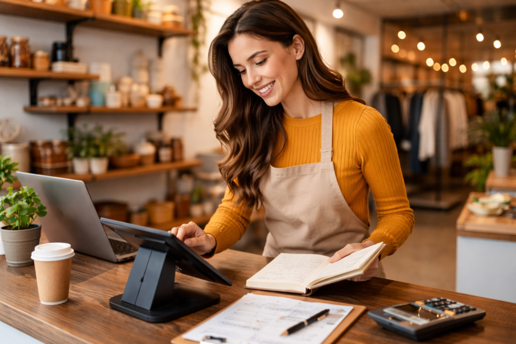 Startup owner reviewing finances on EPOS system in UK retail environment