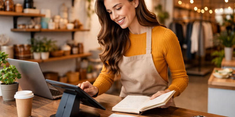 Startup owner reviewing finances on EPOS system in UK retail environment