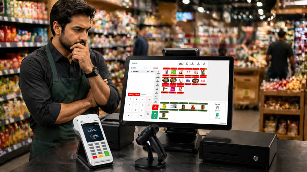 Small business owner thinking SSPOS EPOS system with dashboard and card payment terminal in UK shop