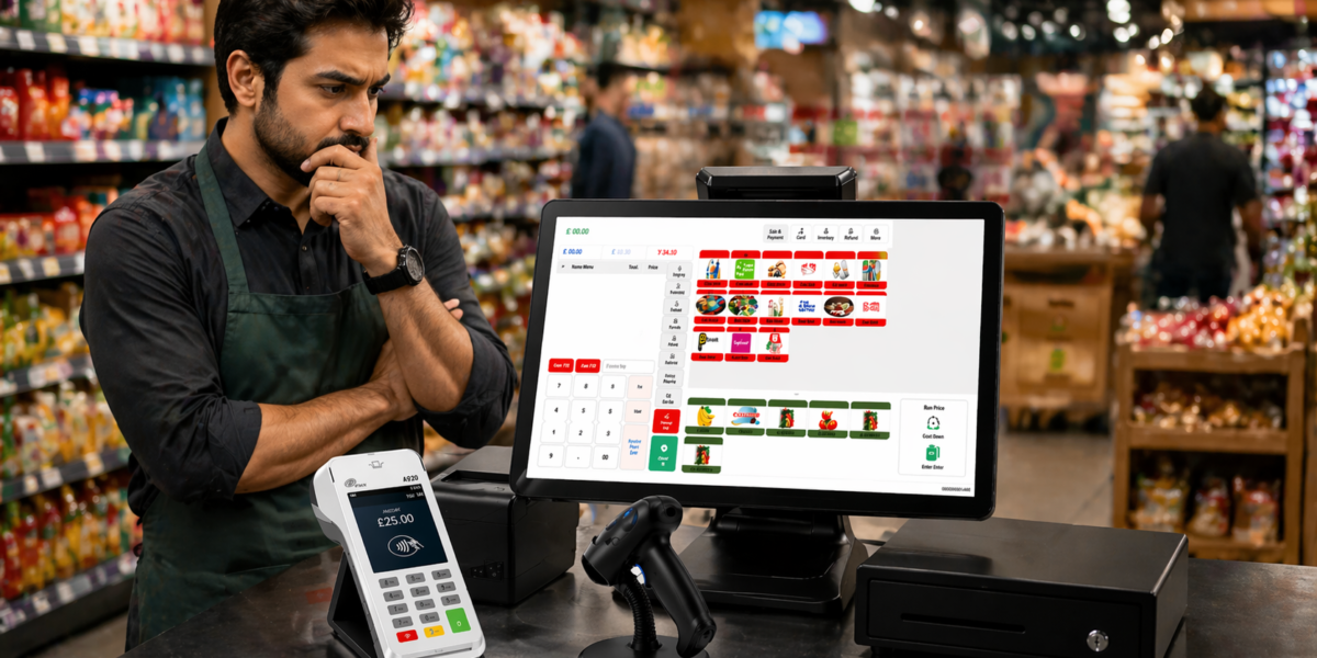 Small business owner thinking SSPOS EPOS system with dashboard and card payment terminal in UK shop