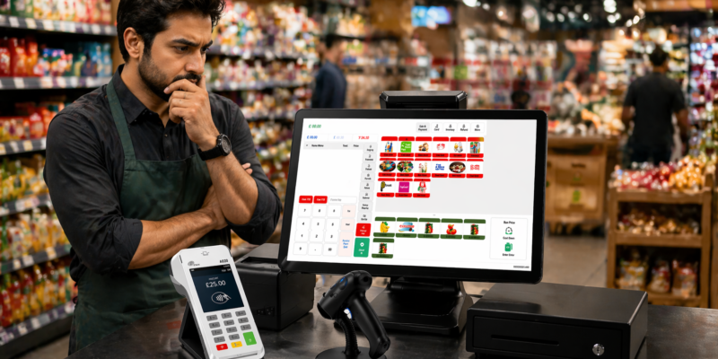 Small business owner thinking SSPOS EPOS system with dashboard and card payment terminal in UK shop