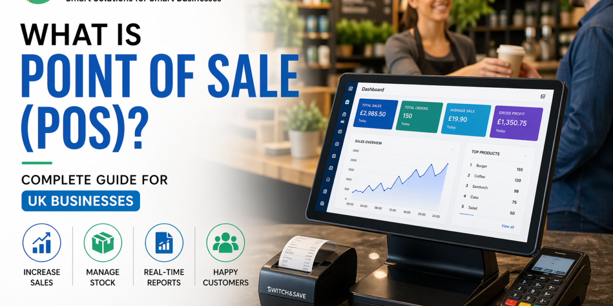 Modern POS system setup in a UK café with touchscreen EPOS terminal, card machine, and receipt printer on a counter