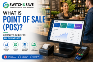 Modern POS system setup in a UK café with touchscreen EPOS terminal, card machine, and receipt printer on a counter