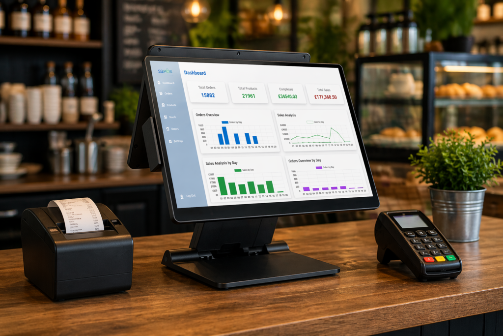 Modern EPOS system with touchscreen, card machine, and receipt printer in a UK retail or café environment