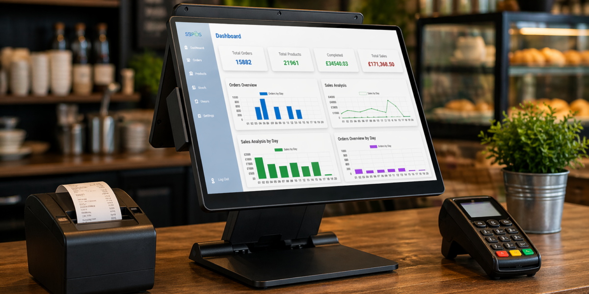 Modern EPOS system with touchscreen, card machine, and receipt printer in a UK retail or café environment