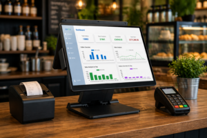 Modern EPOS system with touchscreen, card machine, and receipt printer in a UK retail or café environment