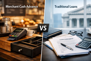 Merchant Cash Advance vs traditional business loans comparison for UK small businesses showing flexible repayments and funding options
