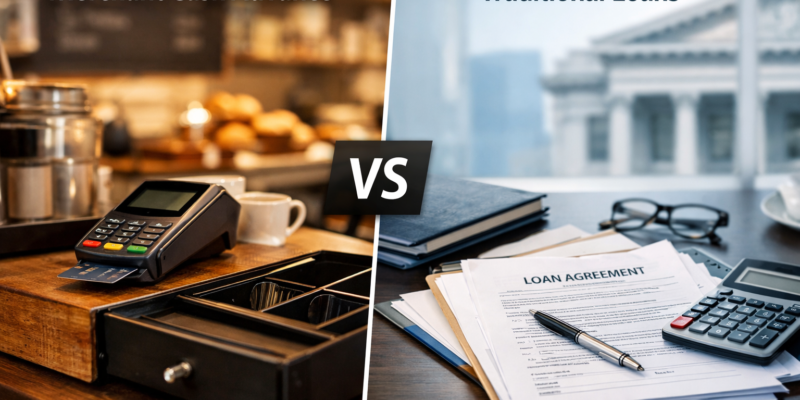 Merchant Cash Advance vs traditional business loans comparison for UK small businesses showing flexible repayments and funding options