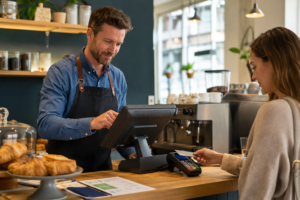 Cafe owner using EPOS and card payment system after accessing business finance