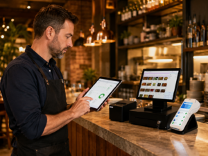 UK restaurant owner reviewing card payment reports on a tablet beside an EPOS terminal, warm restaurant lighting, professional realistic photography style, no text.