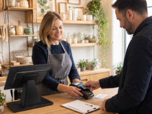 Salon owner reviewing business figures on a tablet beside a card machine.