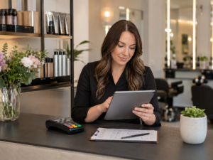 UK shop owner taking a card payment beside an EPOS system and card machine.