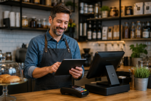 UK café owner reviewing business finance options on a tablet beside an EPOS system and card machine