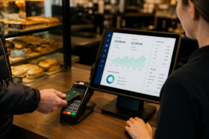 Customer paying by card at a café counter with EPOS sales data displayed on screen