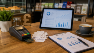 Card machine, receipts and sales reports showing card payment data for business funding eligibility