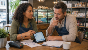 Two UK small business owners reviewing card sales reports and funding eligibility on a tablet