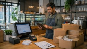 hop owner checking sales data near stock boxes, EPOS system and card machine for business growth funding