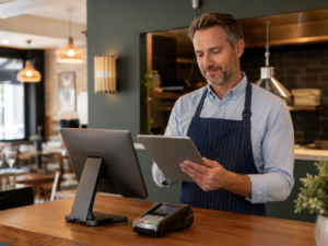 Cafe owner using EPOS and card payment system after accessing business finance