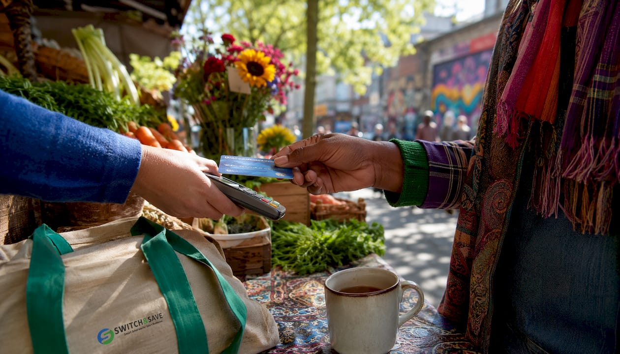 Hands using credit card in UK café setting