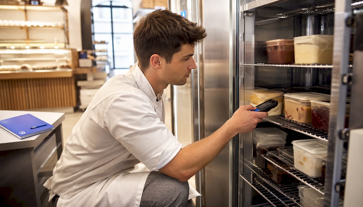 Staff member scanning stock in walk-in fridge