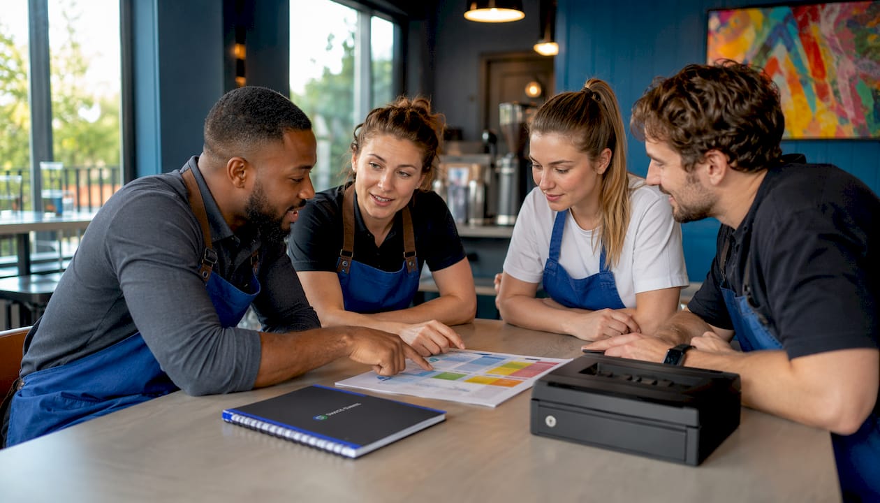 Hospitality staff reviewing SOP at bar