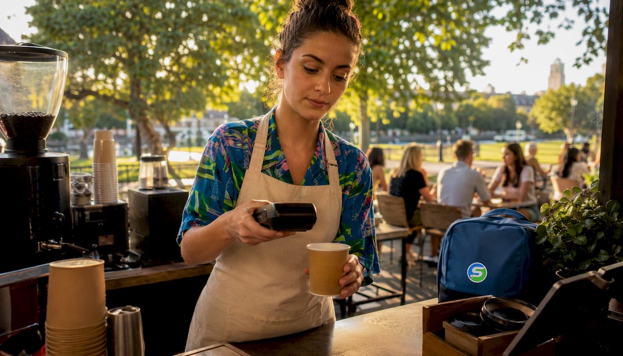 Barista holding NFC payment terminal over coffee cup