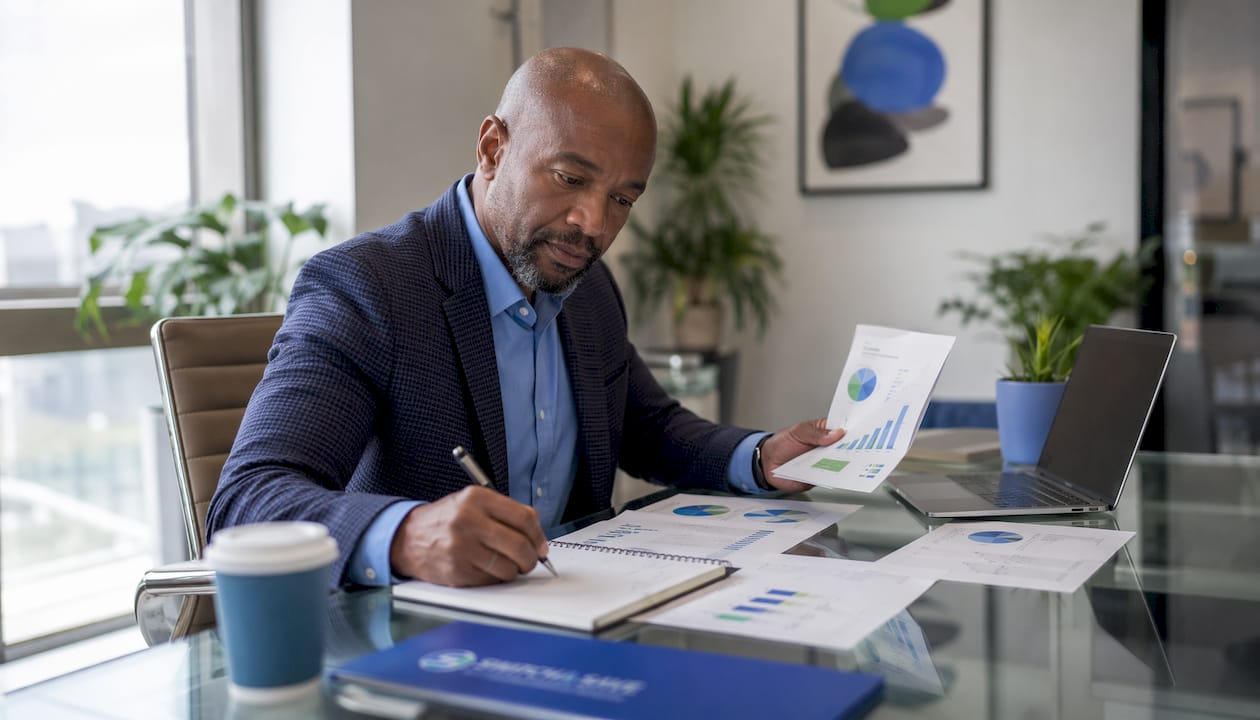 Businessman reviewing card payment bank statements
