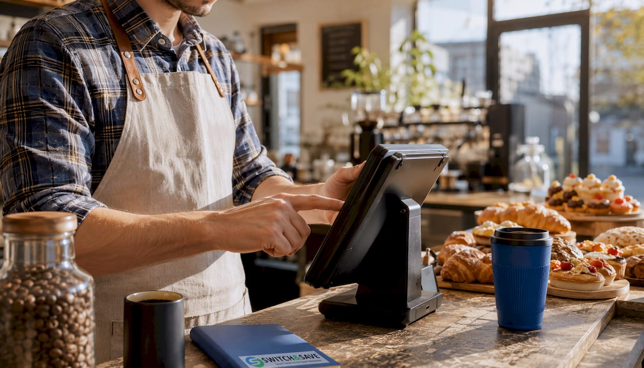 Hands using touchscreen POS at café counter