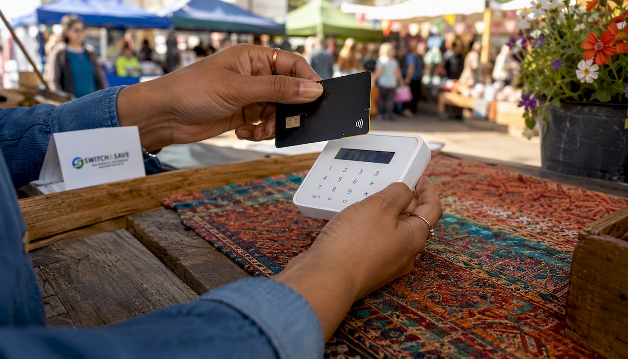 Hands holding SumUp Air card reader and card