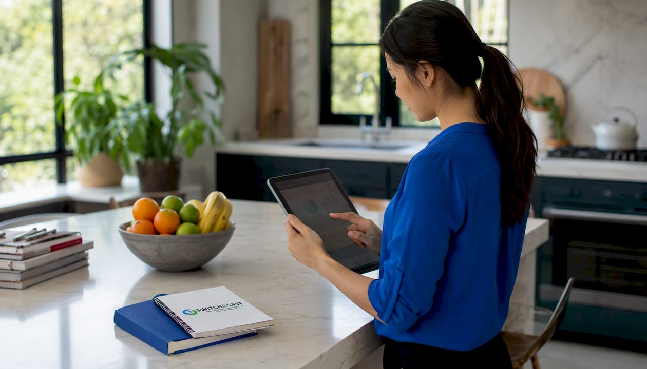 Hands managing retail inventory on tablet overhead