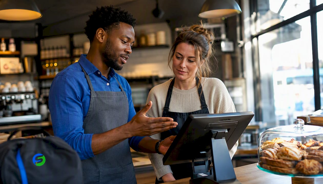 Colleagues discussing Switch-and-save POS