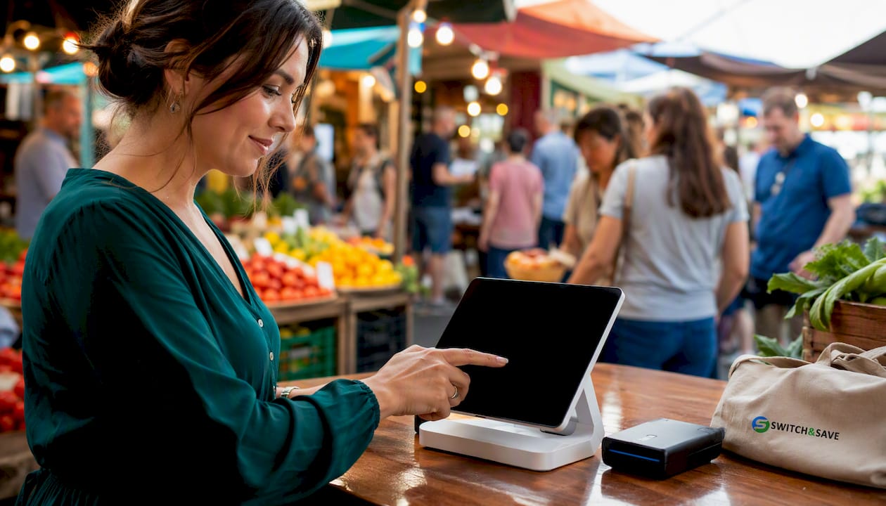 Shop owner interacting with POS tablet device
